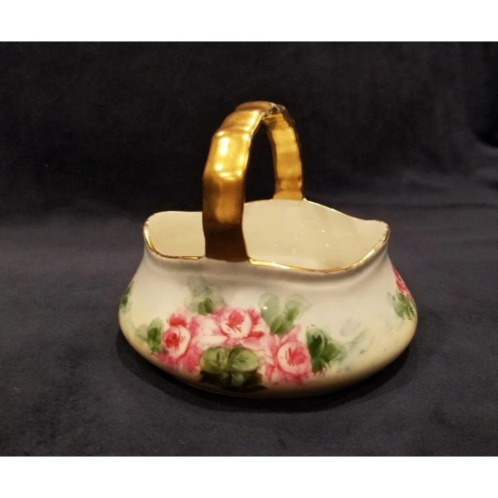 Antique Handmade/ Hand painted German Porcelain Gold Handle Basket w Roses